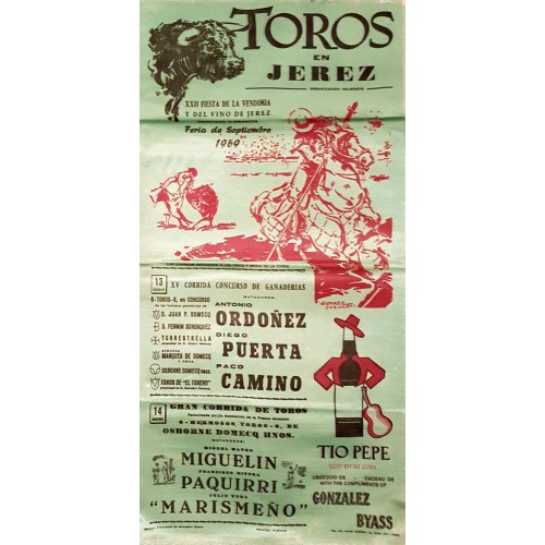 PLAZA DE TOROS DE JEREZ DE LA FTRA-13Y14 MAYO1969 MED 25X50CTM SEDA