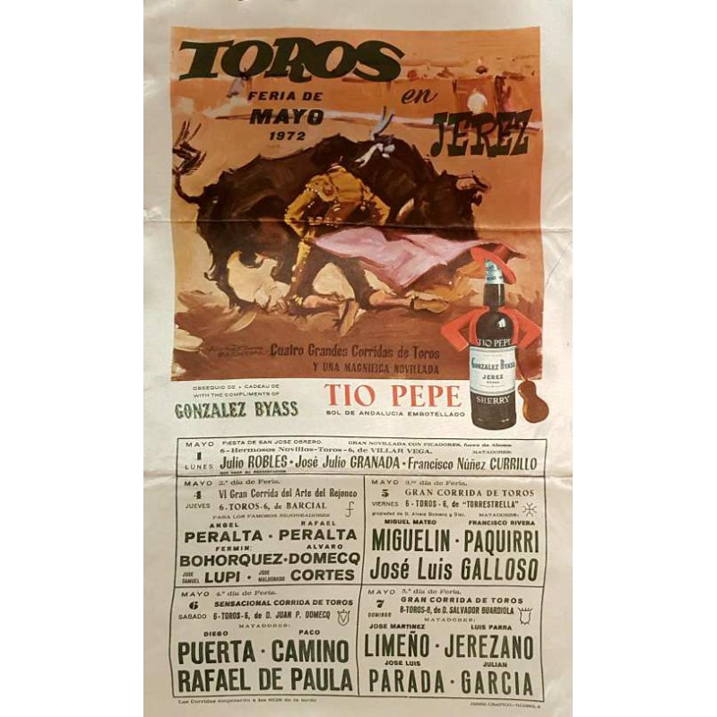 PLAZA DE TOROS DE JEREZ DE LA FTRA DEL 1 AL 7 MAYO 1972.- MED 25X50CTM SEDA