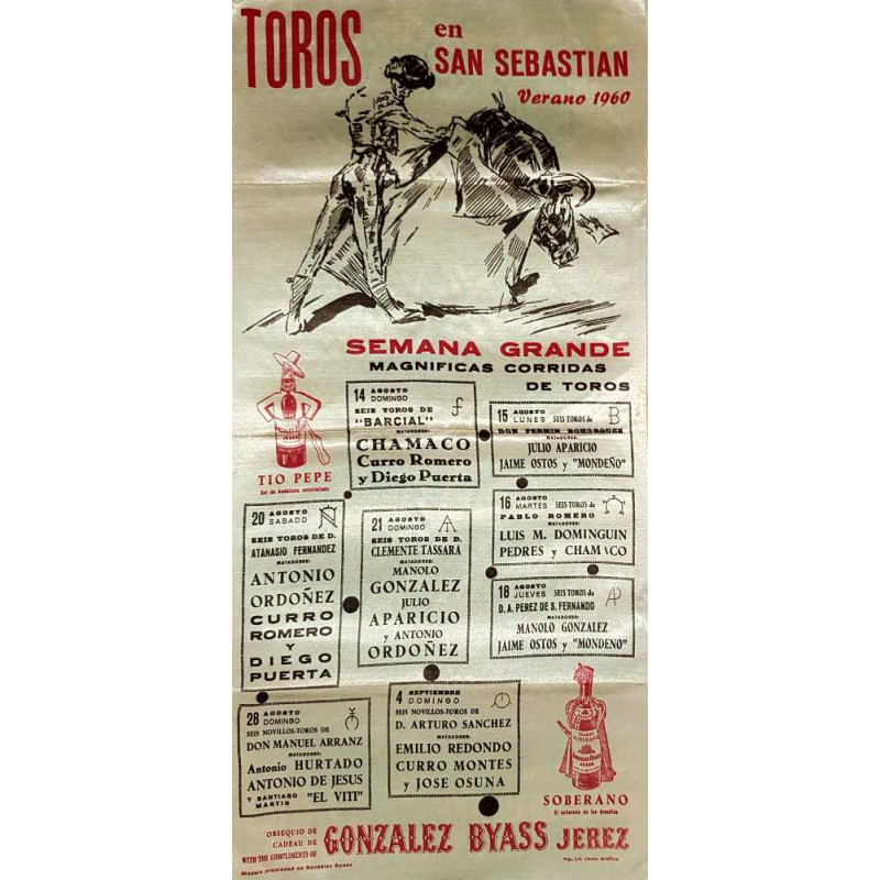 PLAZA DE TOROS DE SAN SEBASTIAN DEL 14/8 AL4/9 1960 MED 25X50CTM SEDA