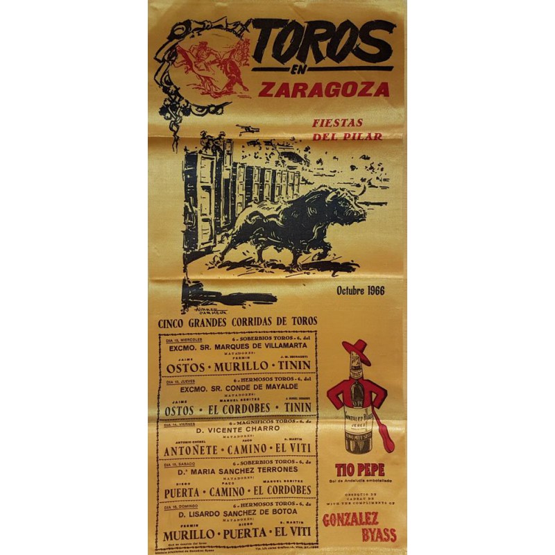 CARTEL TOROS SEDA ZARAGOZA DEL 12 AL 16 OCTUBRE 1966 MED 25X52 CTM