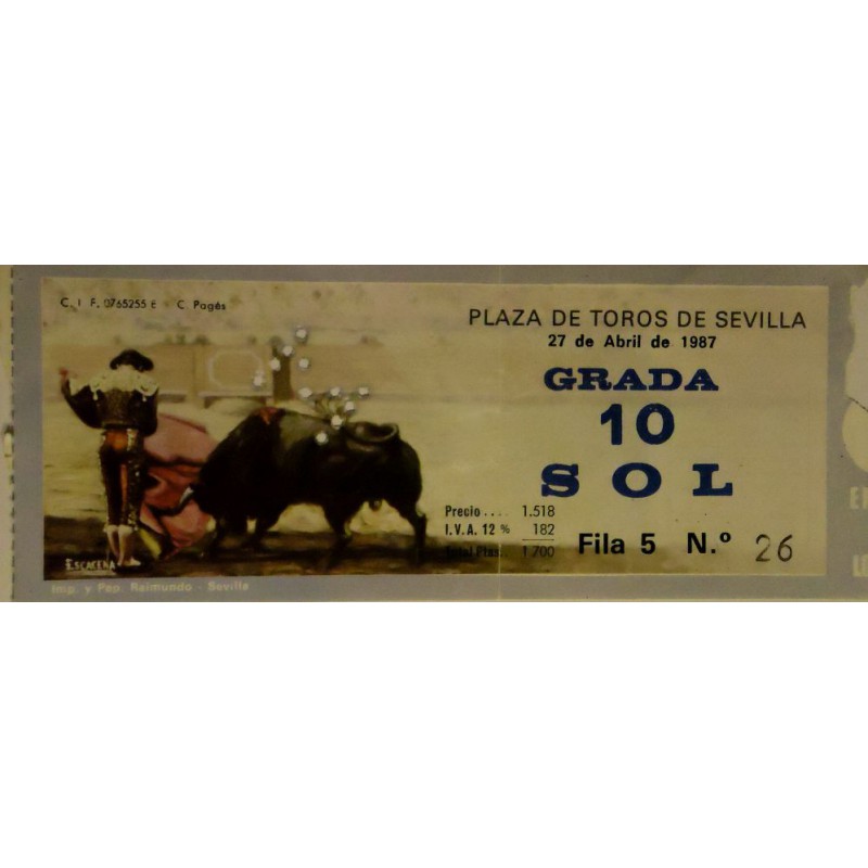 ENTRADAS DE TOROS SEVILLA 27 ABRIL 1987
